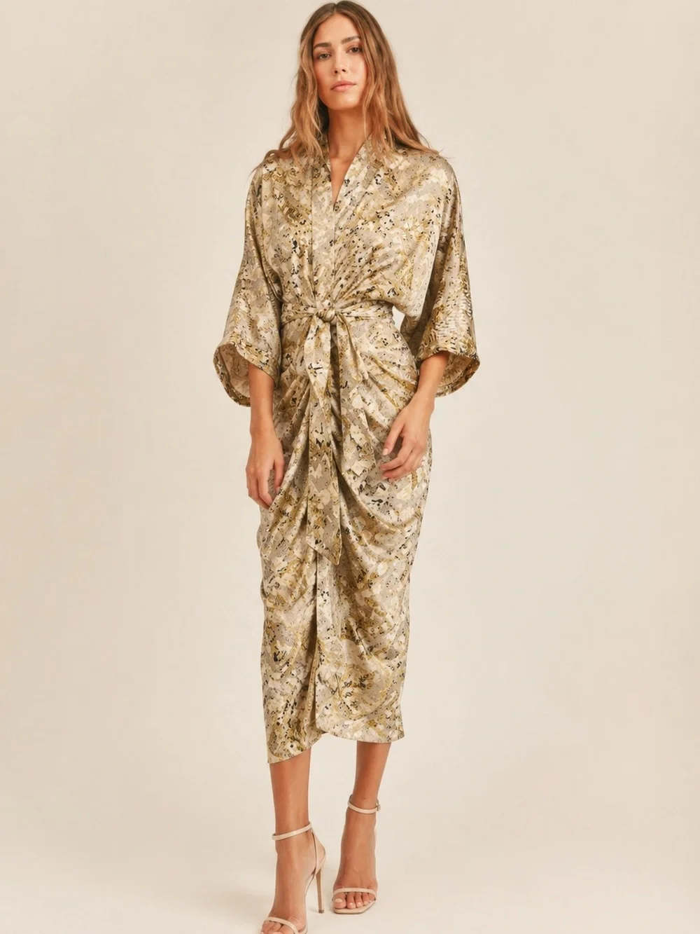 2b. Rych Satin Snake Print Ruched Midi Dress Brown Tan Size S NWOT - Picture 1 of 5